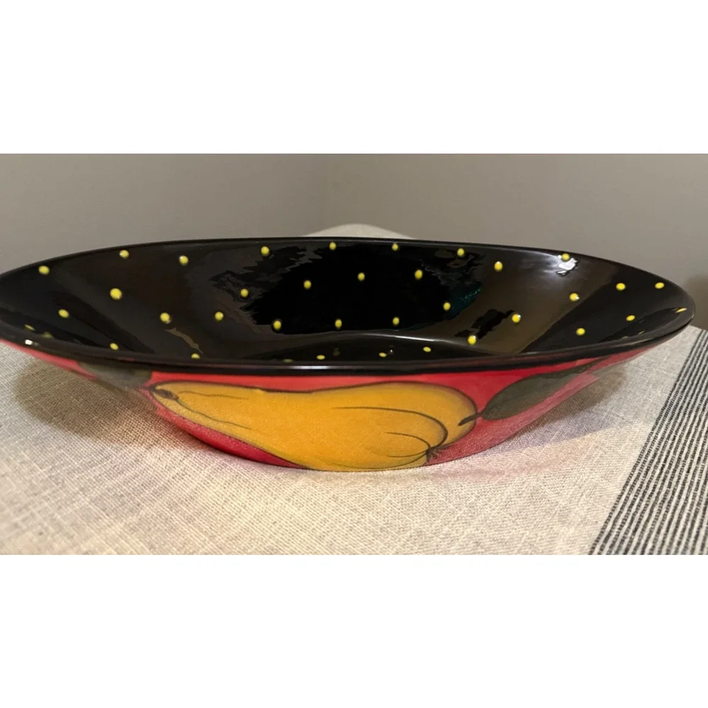 Hand-Painted Ceramic Fruit Bowl – Black w/ Yellow Polka Dots Pears Red– Signed